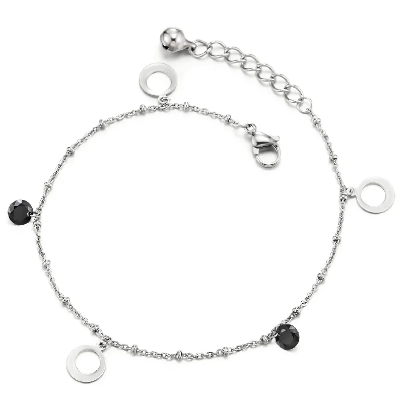 women stackable bangles -Steel Gold Color Anklet Bracelet with Dangling Black Cubic Zirconia and Open Circle, Jingle Bell