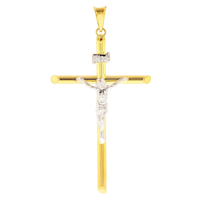 women butterfly pendant necklaces -Religious by Jewelry America 14K Two Tone Gold Large Tube Cross INRI Crucifix Pendant