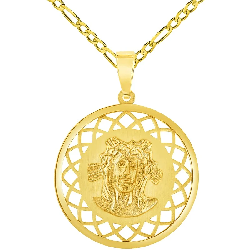 women engagement necklaces -14k Yellow Gold Holy Face of Jesus Christ On Round Medal Pendant with Figaro Chain Necklace