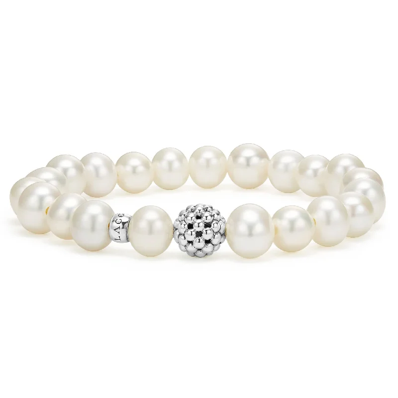 women leather bracelets -Maya Pearl Silver Station Bead Bracelet