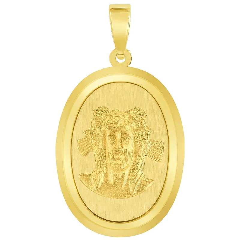 women pearl pendant necklaces -14k Yellow Gold Holy Face of Jesus Christ On Oval Miraculous Medal Pendant (1")