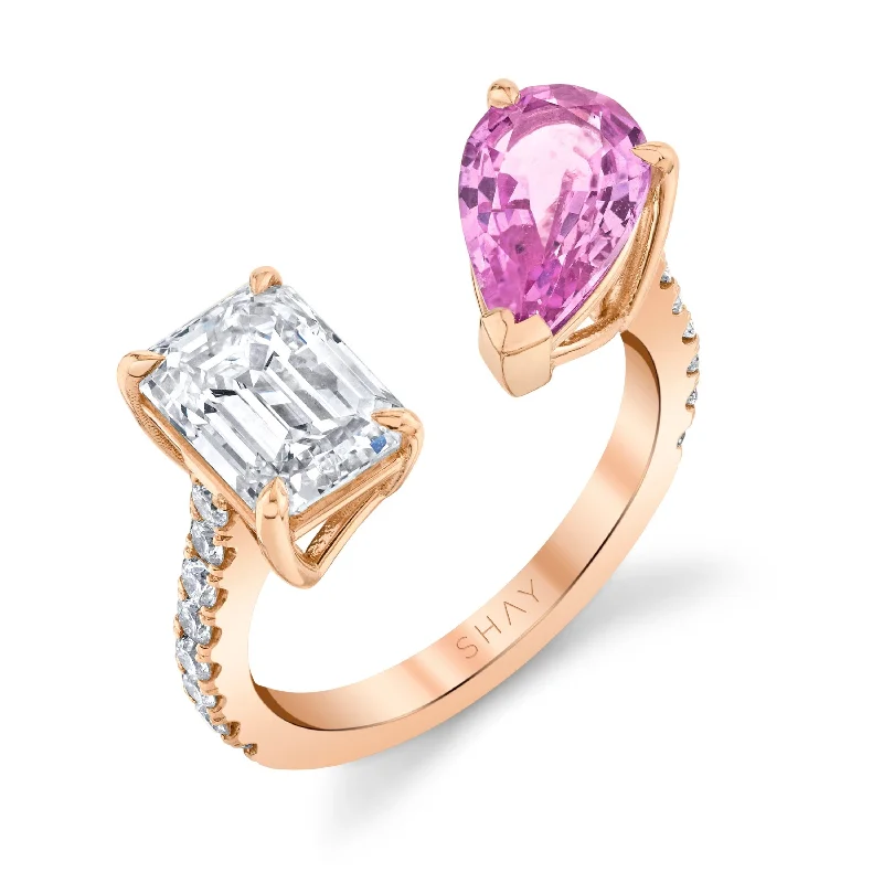 women rose gold rings -PINK SAPPHIRE PEAR & DIAMOND EMERALD TWIN RING