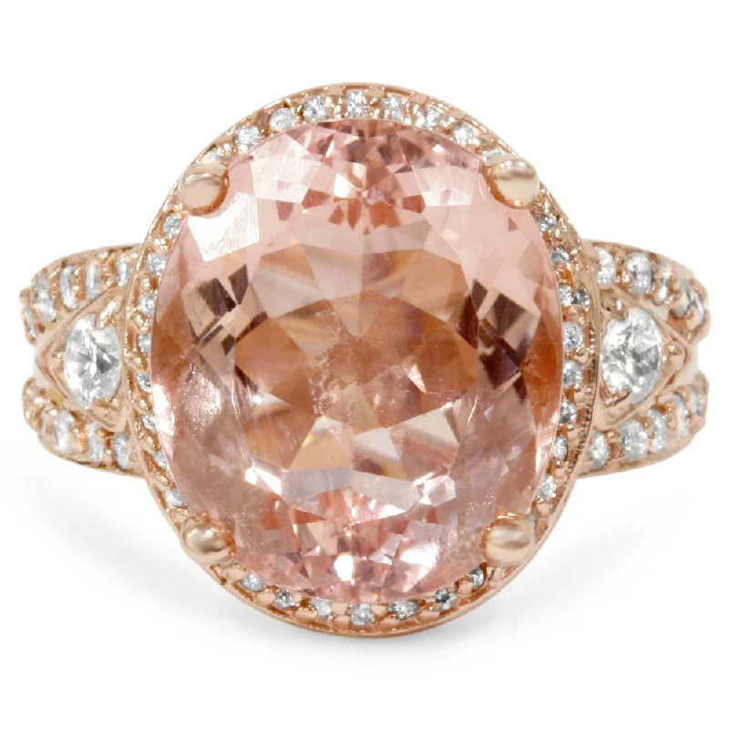 women wedding engagement rings -9ct Morganite & Diamond Engagement Ring 14K Rose Gold Halo Split Shank