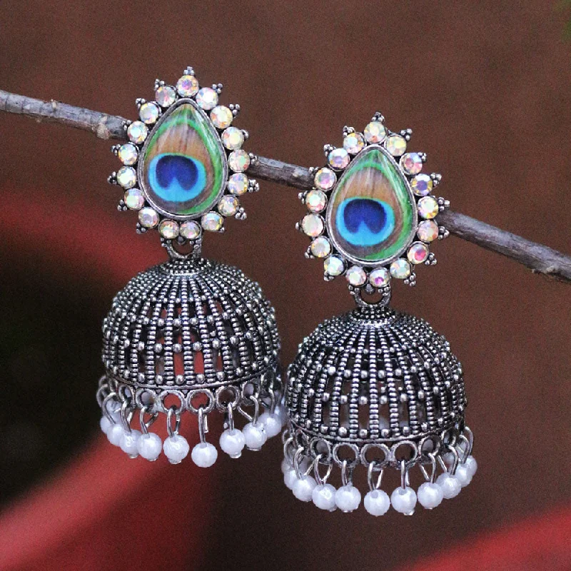 women gemstone stud earrings -H K Fashion Oxidised Plated Austrian Stone And Pearls Jhumki Earrings