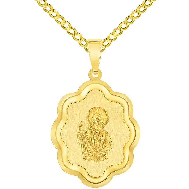 women designer necklaces -14k Yellow Gold Elegant Miraculous Medal of Saint Jude Thaddeus the Apostle Pendant with Cuban Chain Curb Necklace