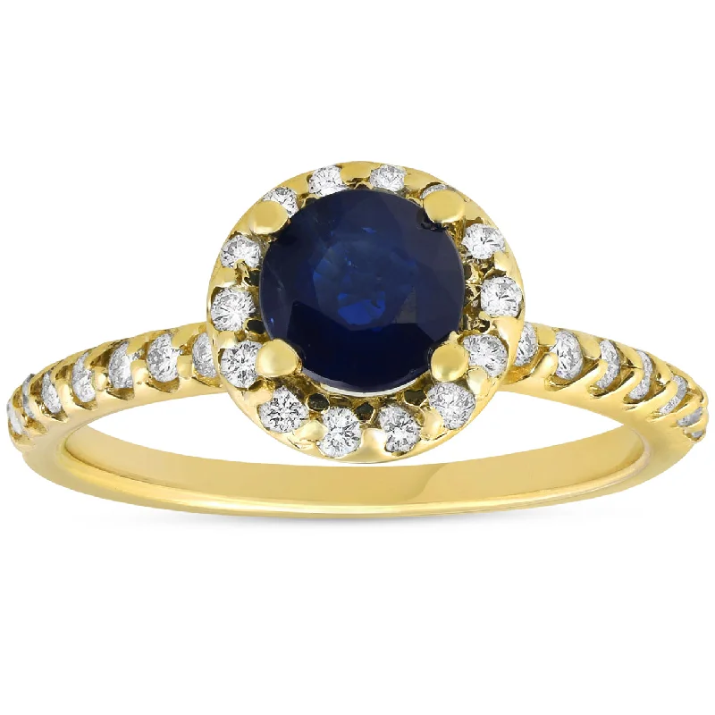 women modern solitaire engagement rings -1ct Blue Sapphire & Diamond Halo Engagement Ring 14K Yellow Gold