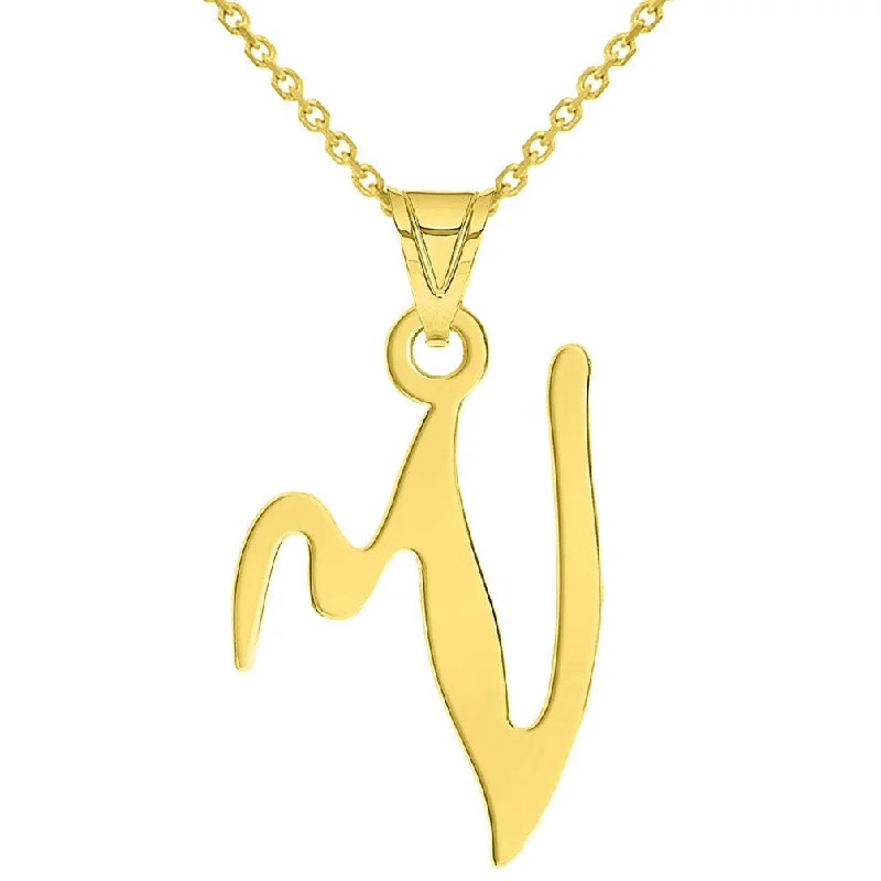 women adjustable necklaces -14k Yellow Gold Dainty Uppercase Script Initial V Cursive Letter Pendant Necklace