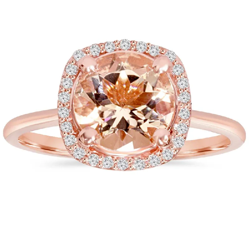 women luxury halo engagement rings -1 3/4 CT Morganite & Diamond Cushion Halo 14K Rose Gold Ring