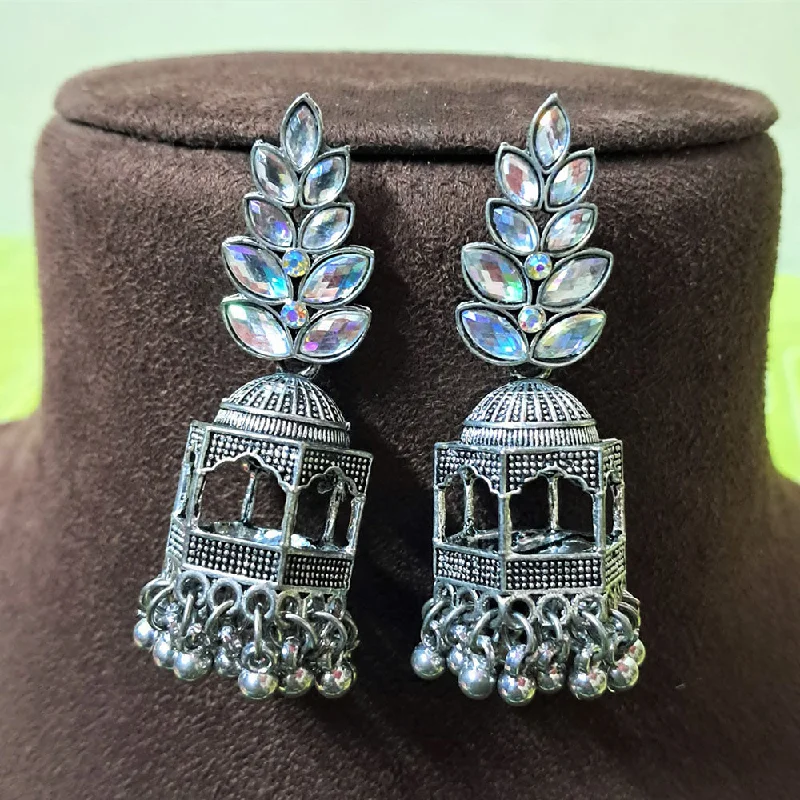 women elegant earrings -H K Fashion Oxidised Plated Crystal  Stone And Pearls Jhumki Earrings