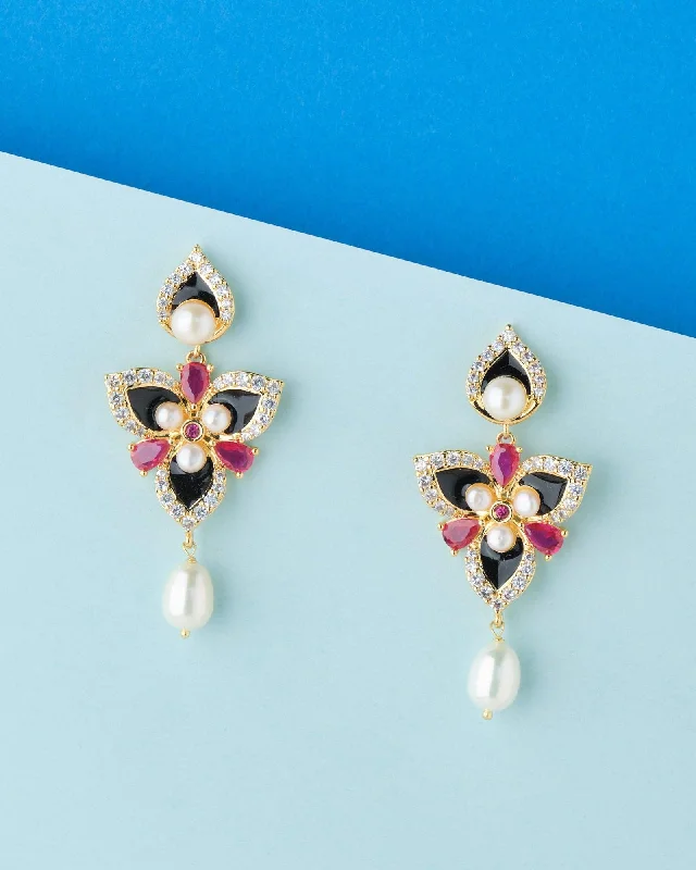 women contemporary earrings -Lovely Flowers Stone Studded Pearl Earring