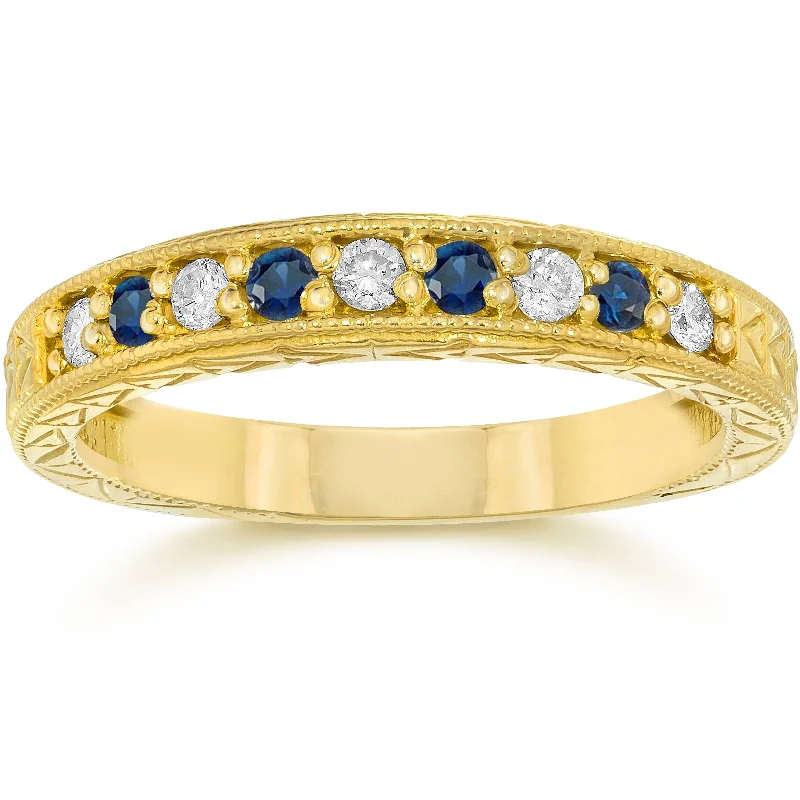 women gold engagement rings -1/4Ct Blue Sapphire & Diamond Vintage Ring 14K Yellow Gold