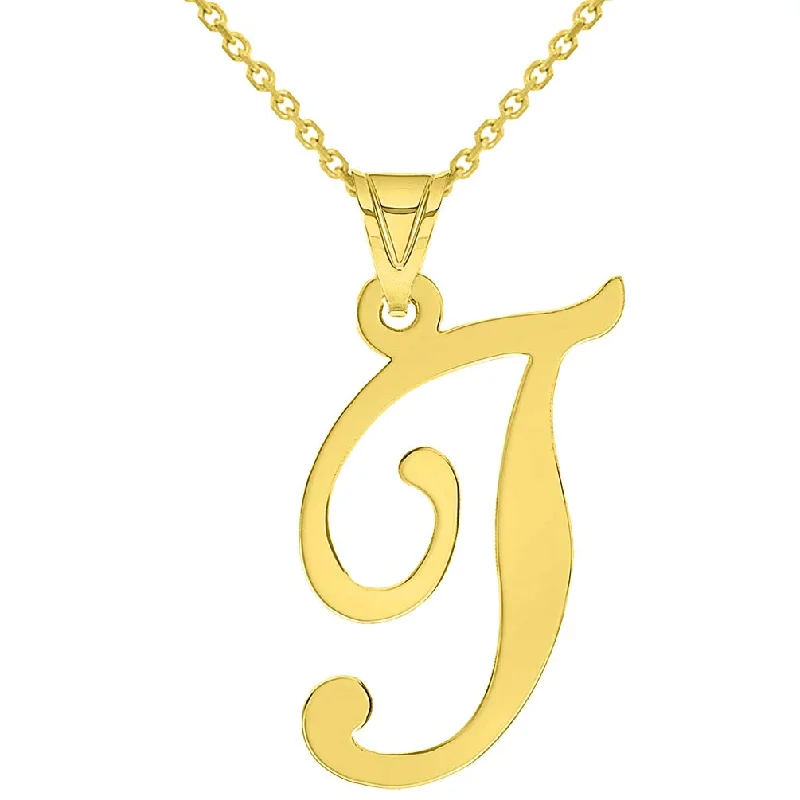 women delicate necklaces -14k Yellow Gold Dainty Uppercase Script Initial T Cursive Letter Pendant Necklace