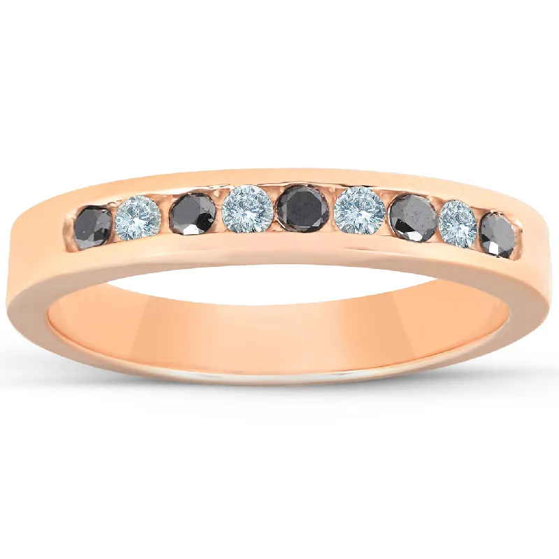 women diamond engagement rings -1/4ct Black & White Diamond Ring 14K Rose Gold Womens Wedding Stackable Band