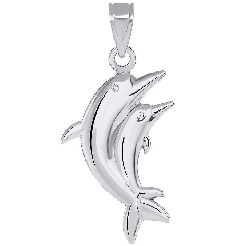 women eco-friendly necklaces -14k White Gold 3D Two Dolphins Jumping Together Vertical Pendant