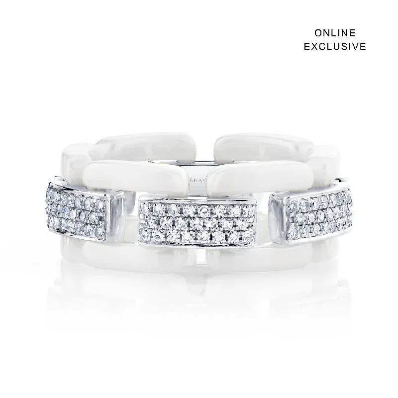 women eternity bands -DIAMOND PAVE WHITE CERAMIC DECO LINK RING