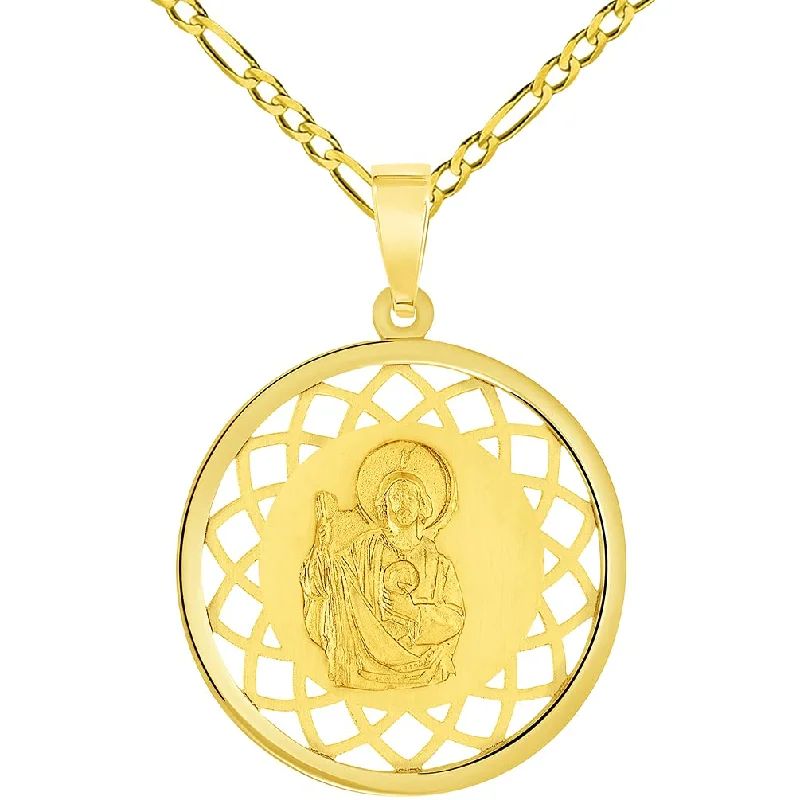 women statement necklaces -14k Yellow Gold Round Open Ornate Medal of Saint Jude Thaddeus the Apostle Pendant with Figaro Chain Necklace