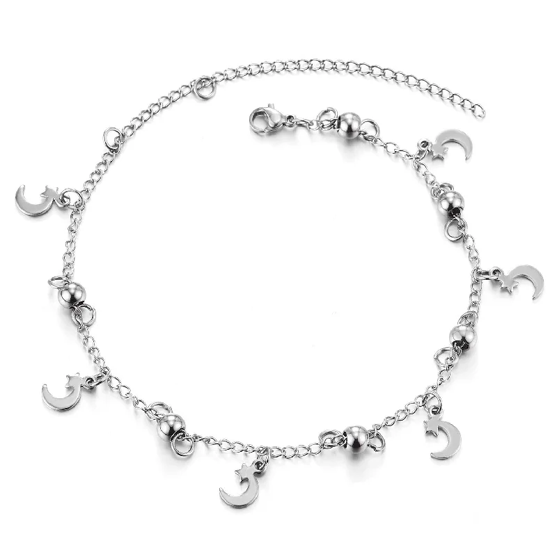 women large bangles -Stainless Steel Link Chain Anklet Bracelet with Balls and Dangling Charms of Crescent Moons Stars