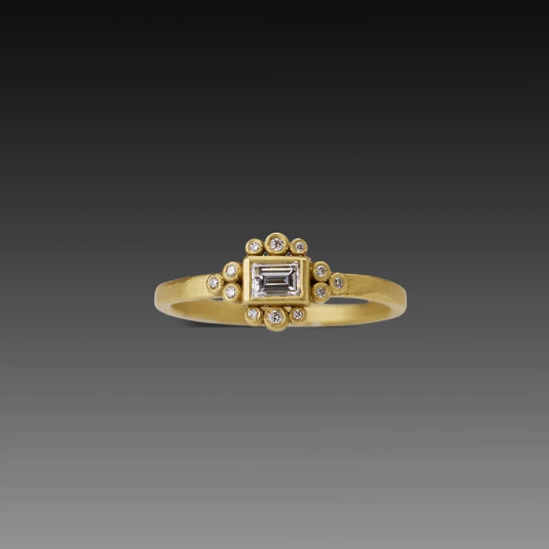 women yellow gold rings -Baguette Diamond Ring with Diamond Trios