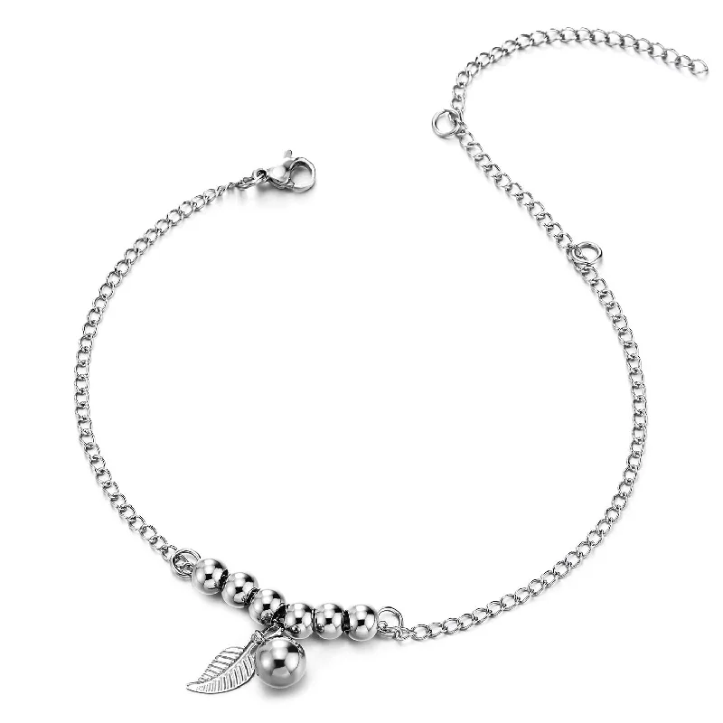 women stackable bracelets -Stainless Steel Link Chain Anklet Bracelet with Beads String, Dangling Leaf and Ball, Adjustable