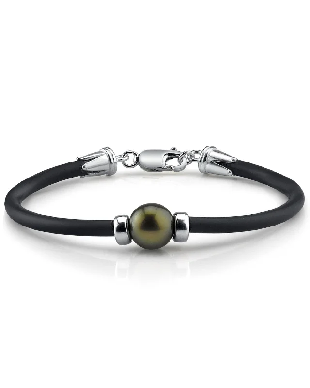 women gemstone bangles -Black Tahitian Round Pearl on Rubber Poe Rava Bracelet