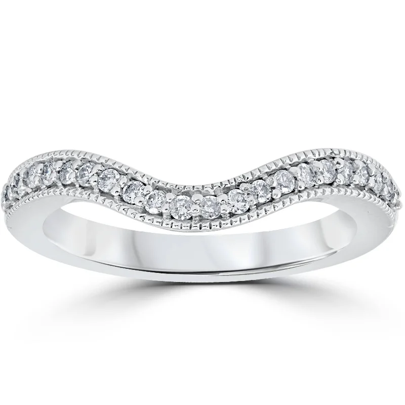 women oval engagement rings -1/5ct Curved Diamond Wedding Band 14K White Gold