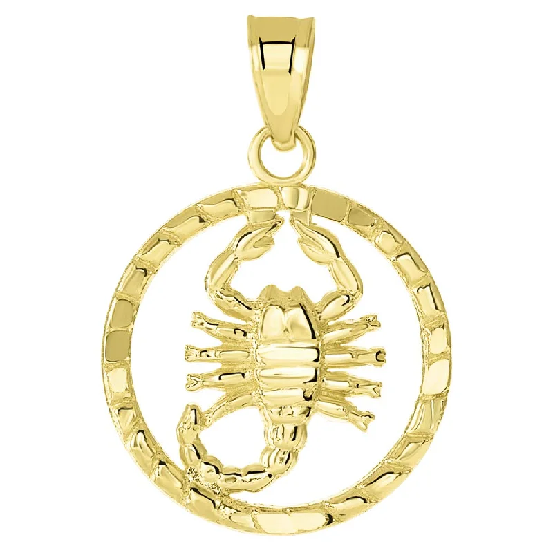 women spiral necklaces -14k Yellow Gold Textured Round Scorpion Charm Scorpio Zodiac Pendant ( Small )