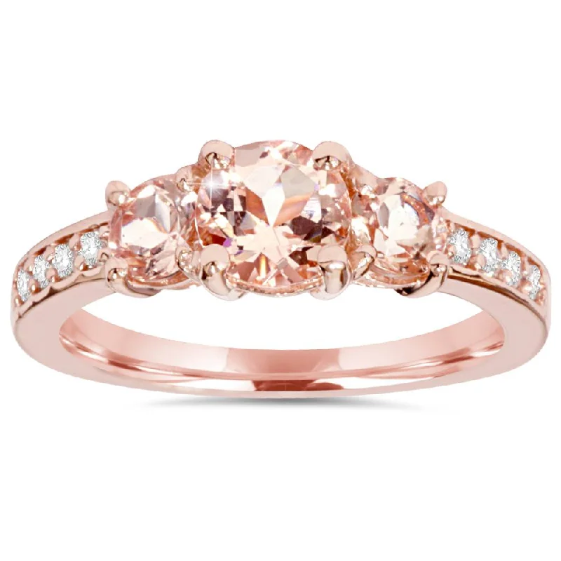 women affordable diamond engagement rings -1 1/2CT Morganite & Diamond 3-Stone Engagement Ring 14K Rose Gold