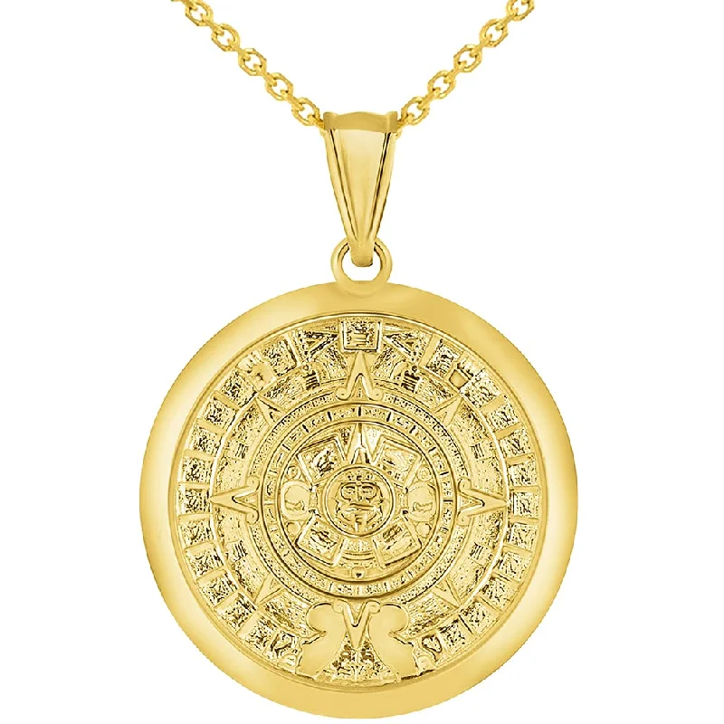 women chunky necklaces -14k Yellow Gold Aztec Mayan Sun Calendar Medallion Pendant with Rolo Cable, Cuban Curb, or Figaro Chain Necklaces