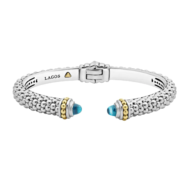 women engraved bangle bracelets -Caviar Color Swiss Blue Topaz Cuff Bracelet | 8mm