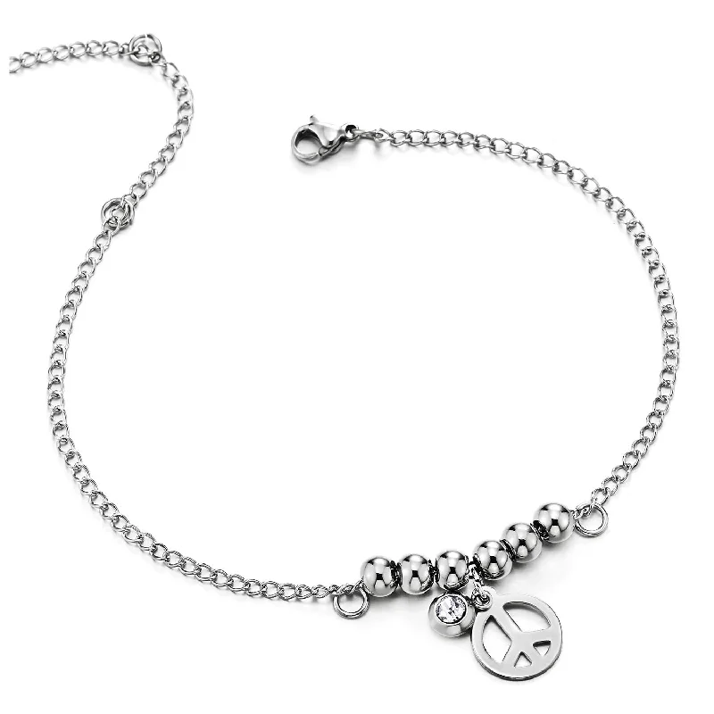 women multi-strand bracelets -Steel Anklet Bracelet with Beads Strings, Dangling Anti-war Peace Sign, Solitaire CZ Circle Charm