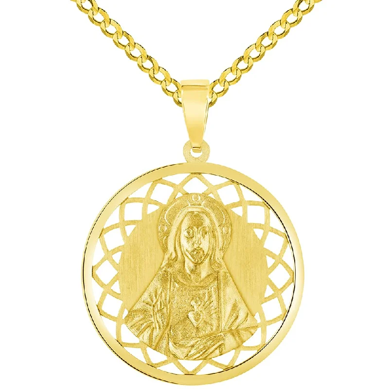 women twisted chain necklaces -14k Yellow Gold Sacred Heart of Jesus Christ On Round Open Ornate Miraculous Medal Pendant Cuban Chain Curb Necklace