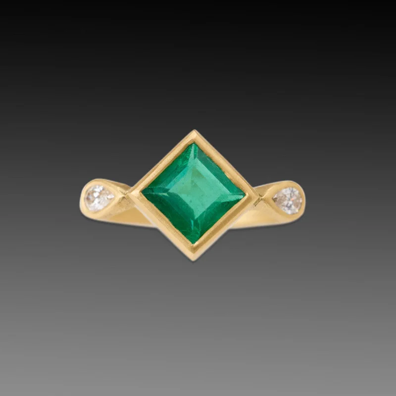 women personalized gemstone rings -Faceted Emerald Ring With Teardrop Diamonds