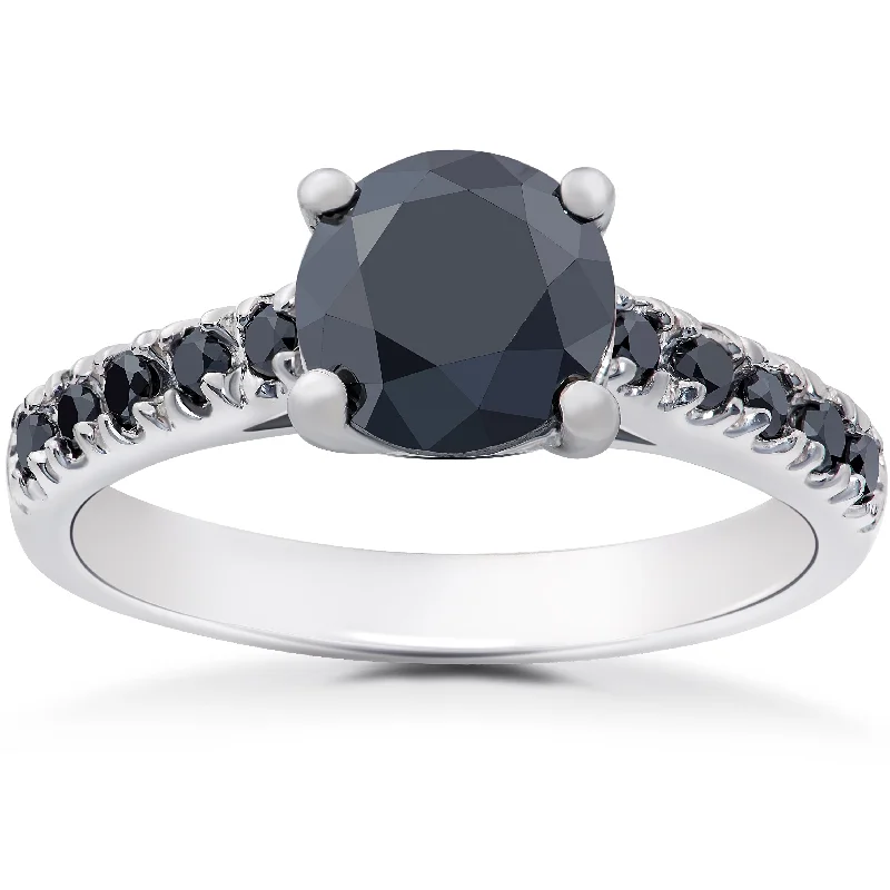 women vintage-inspired engagement rings -2 1/4 ct Black Diamond Solitaire Accent Engagement Ring 14k White Gold