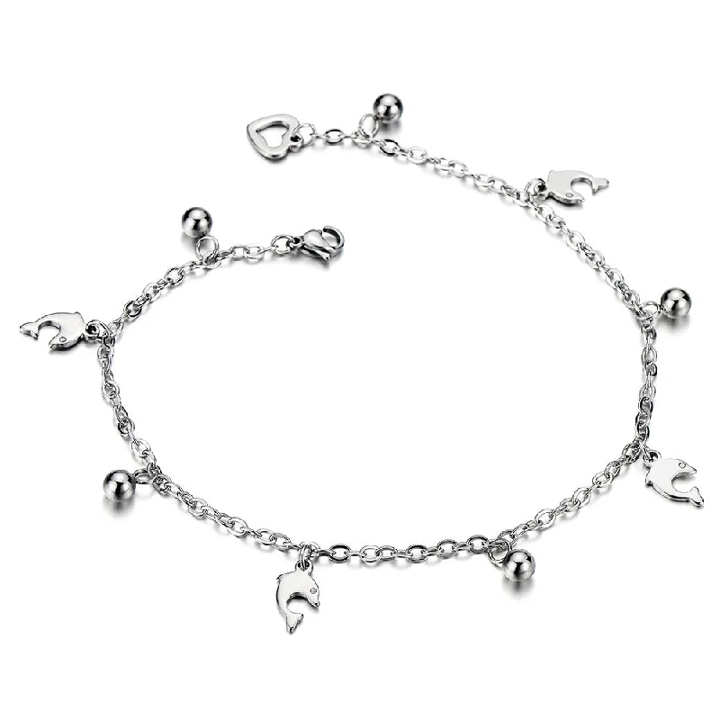 women bangle stack bracelets -Stainless Steel Anklet Bracelet with Dangling Charms of Dolphins and Beads