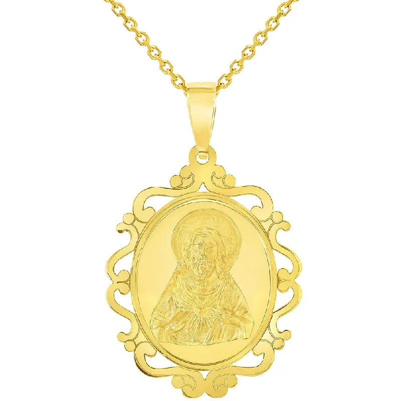 women elegant necklaces -14k Yellow Gold Sacred Heart of Jesus Christ On Elegant Ornate Miraculous Medal Pendant Necklace