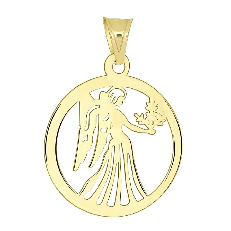 women engraved pendant necklaces -14k Yellow Gold Dainty Round Virgo Holding Wheat Zodiac Sign Cut-Out Disc Pendant