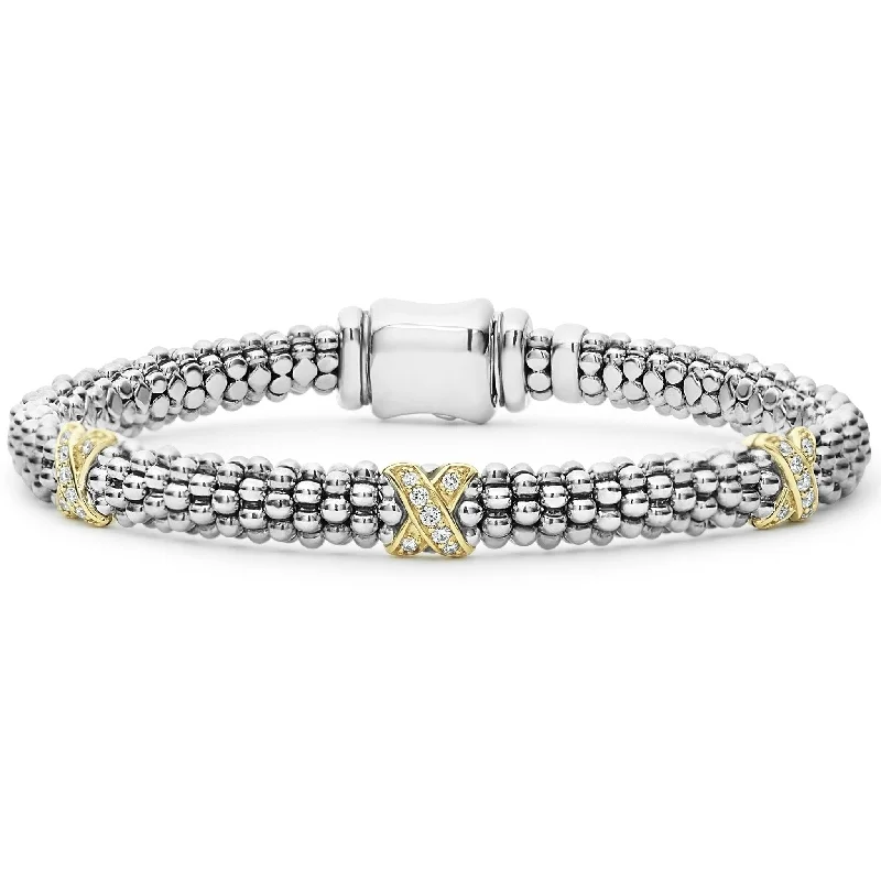 women silver bangles -Embrace Three Station Gold X Diamond Caviar Bracelet | 6mm