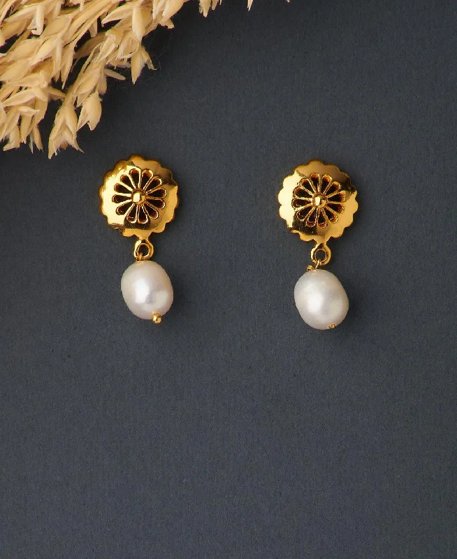 women hoop statement earrings -Simple Real Pearl Hanging Earring