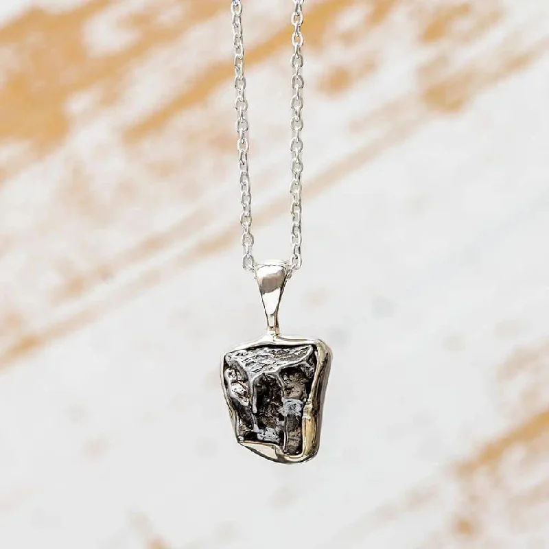 women gold plated necklaces -Bezel Set Meteorite Pendant Necklace