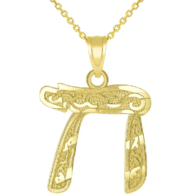 women star pendant necklaces -14k Solid Yellow Gold Textured Hebrew Chai Symbol Pendant Necklace