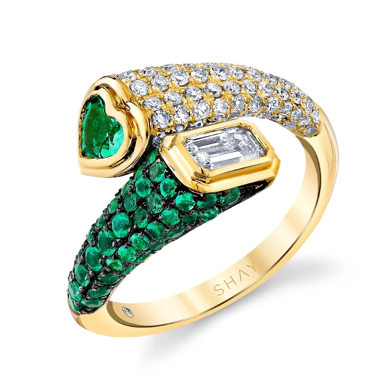 women engraved rings -READY TO SHIP DIAMOND & EMERALD MIXED BYPASS PINKY RING