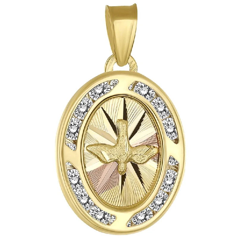 women pearl pendant necklaces -Textured 14k Yellow Gold Holy Spirit Dove Medallion Charm Pendant with Cubic Zirconia