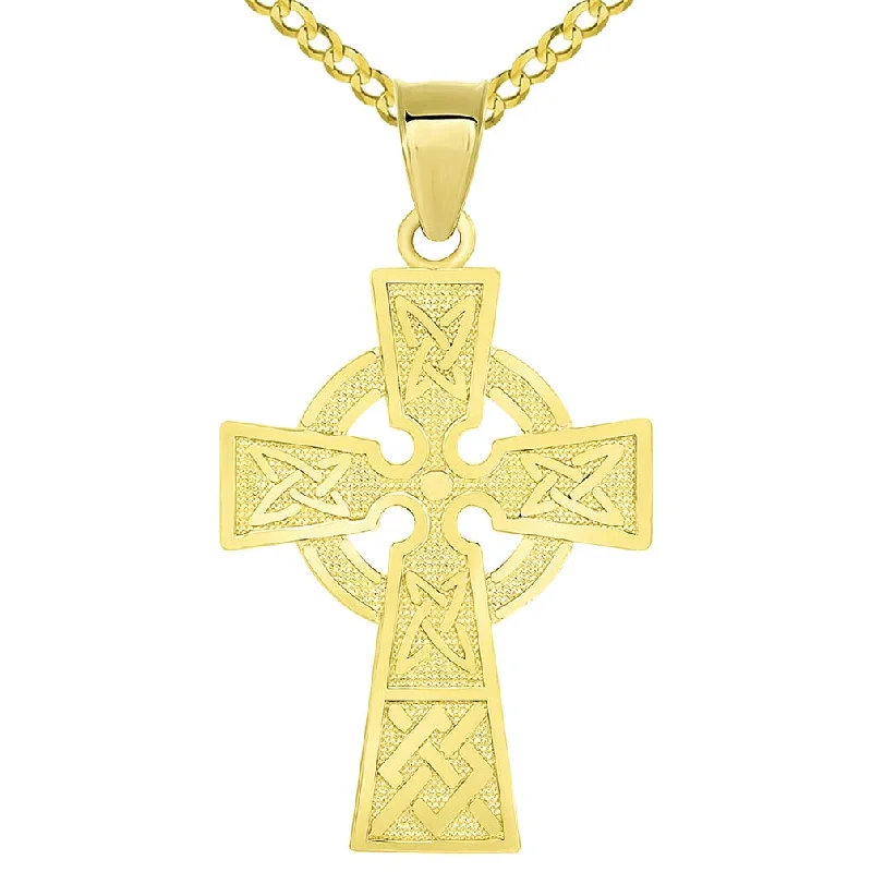 women twisted chain necklaces -Solid 14k Yellow Gold Trinity Knot Celtic Cross Pendant with Cuban Chain Necklace