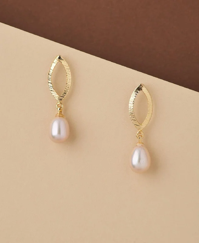 women large stud earrings -Leaf Real Pearl Hang Earring