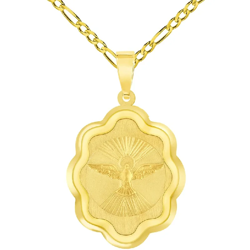 women boho necklaces -14k Yellow Gold Holy Spirit Dove Religious Elegant Medal Pendant with Figaro Chain Necklace