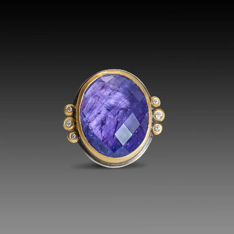 women engraved rings -Rose Cut Tanzanite Ring with Diamond Trios