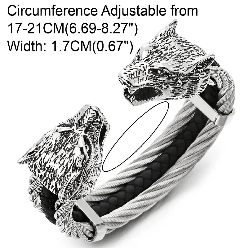 women handmade bracelets -COOLSTEELANDBEYOND Men Stainless Steel Wolf Heads Cuff Bracelet, Three-row Twisted Cable Black Leather Bangle, Adjustable