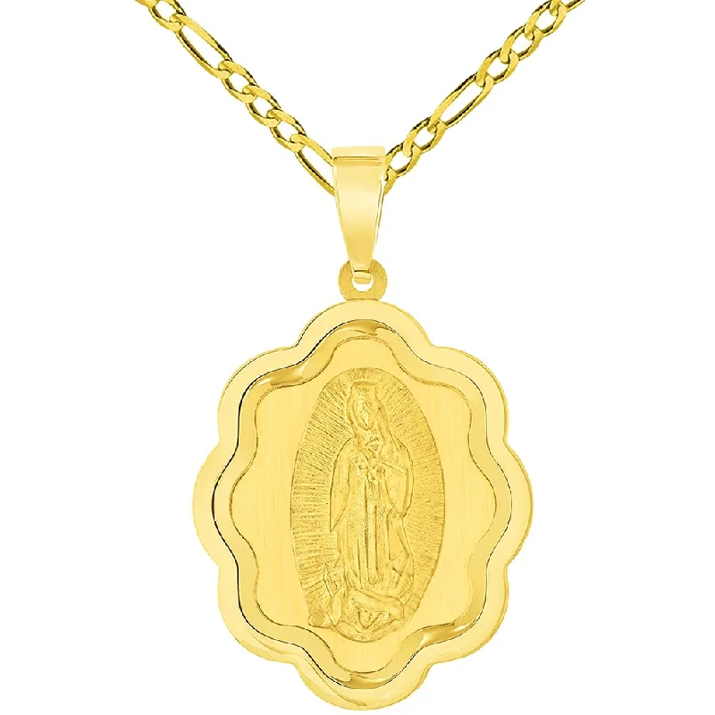 women casual necklaces -14k Yellow Gold Elegant Miraculous Medal of Our Lady of Guadalupe Pendant with Figaro Chain Necklace