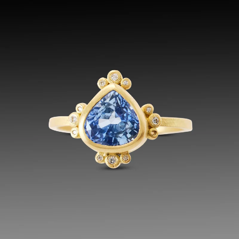 women sapphire and diamond rings -Pear Sapphire Ring with Diamond Trios