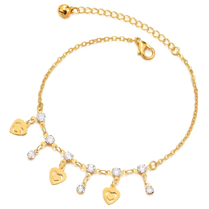 women custom engraved bangles -Gold Color Link Chain Anklet Bracelet with Dangling Solitaire Cubic Zirconia and Hearts, Jingle Bell